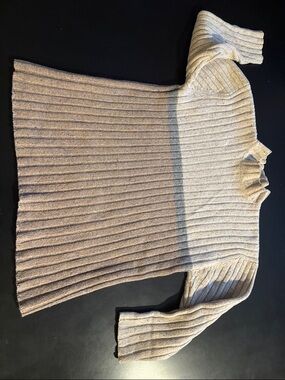 Ribbed Cream Turtleneck Sweater with Subtle Gray Stripe
